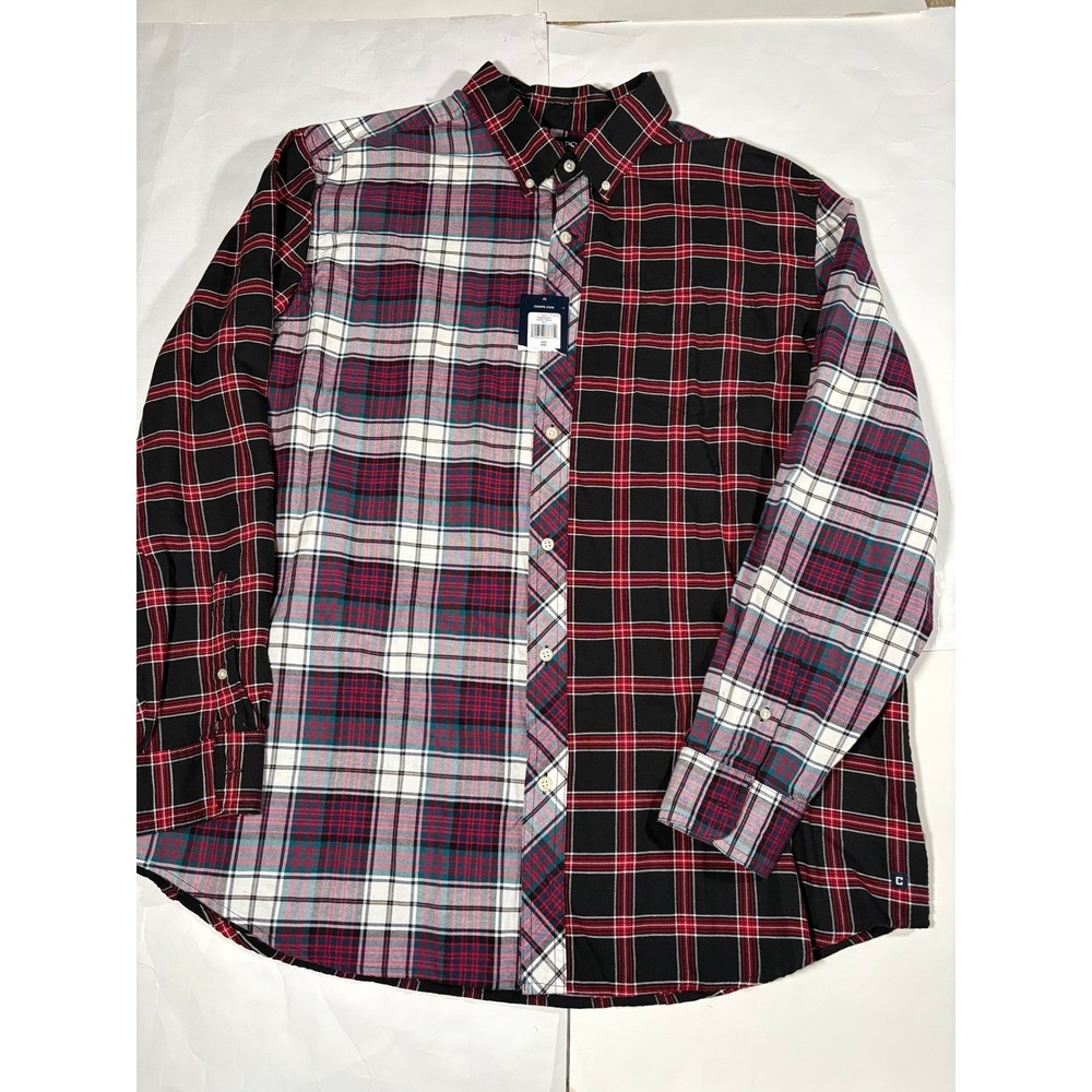 Chaps Classic Oxford Men's XXL Patchwork Plaid Button Down Shirt Black Red